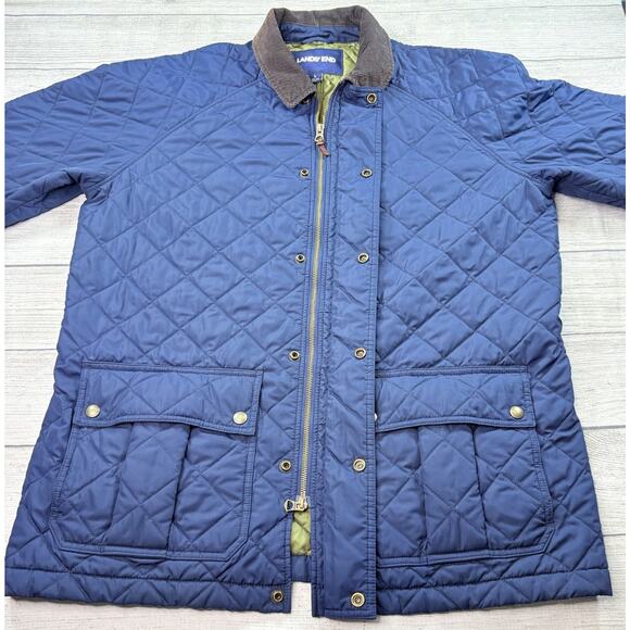 Lands End Women Primaloft Quilted Puffer Jacket Coat Corduroy Collar Blue Size L - Picture 4 of 10
